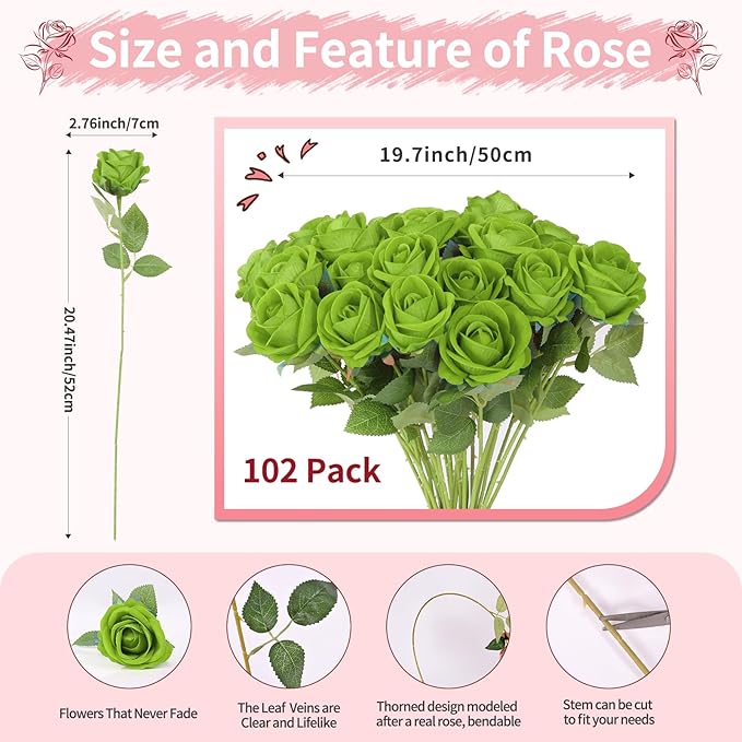 102 PCS Green Roses Artificial Flowers,Fake Green Roses Bouquet,Greens Artificial Silk Rose with Stems for Wedding Flowers Decoration, Valentines Day, Bridal Bouquet Rose,Wedding Decoration