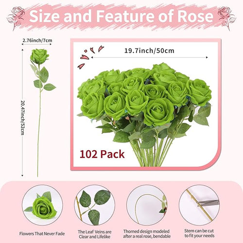 102 PCS Green Roses Artificial Flowers,Fake Green Roses Bouquet,Greens Artificial Silk Rose with Stems for Wedding Flowers Decoration, Valentines Day, Bridal Bouquet Rose,Wedding Decoration