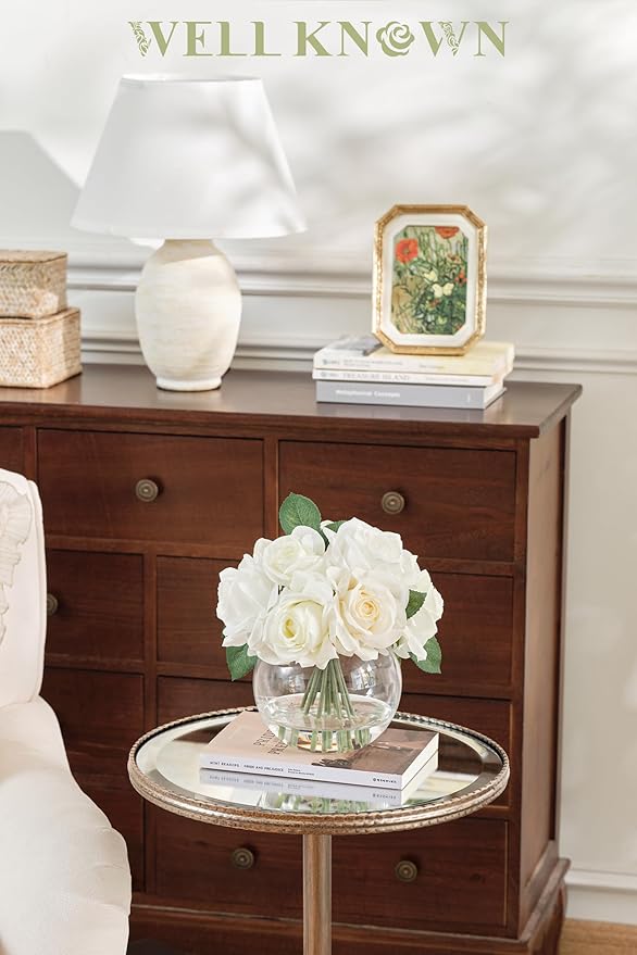 WELL KNOWN Artificial Flowers with Vase, Silk Rose Artificial Flowers Table Centerpieces with Faux Water for Home Decoration Fake Roses Flower Arrangements for Table Decor (White&Green)