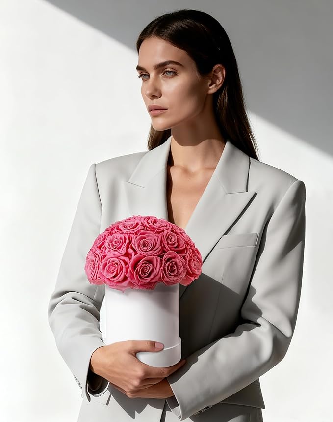 27 Forever Roses Dome in White Box, Eternal Real Roses Gifts for Women, Preserved Flowers for Delivery Prime, Anniversary, Valentine's Day, Christmas, Birthday for Her (Pink)