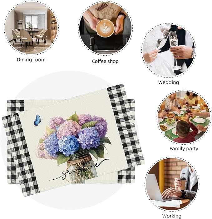 Farmhouse Hydrangea Placemats Set of 6, Country Sunshine Flowers Place Mats, Rustic Spring Butterfly Dining Table Mats, Washable Placemats for Kitchen Dining Room 18L'' × 12W''