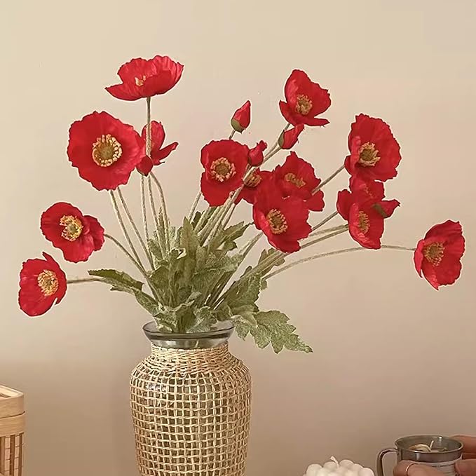 2 Pcs Artificial Fake Flowers Plants Poppies Silk Flower Arrangements Wedding Bouquets Decorations Plastic Floral Table Centerpieces for Home Kitchen Garden Party Decor Approx 23.6" High - Red