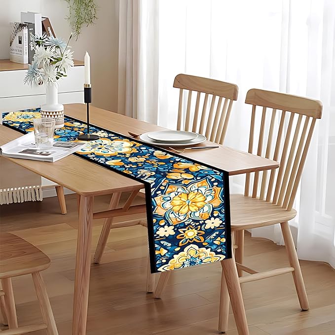 Bohemian Blue & Orange Floral Table Runner – 13x72 Inch Vintage Patterned Linen-Look Fabric, Rustic Dining Table Decor, Boho Chic Home Accent for Kitchen & Parties