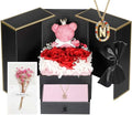 Cute Preserved Real Roses Bear Gift Box for Girlfriend with Initial Necklace N, Unique Birthday Gift for Mom, Her, Grandma, Anniversary Presents for Wife Women