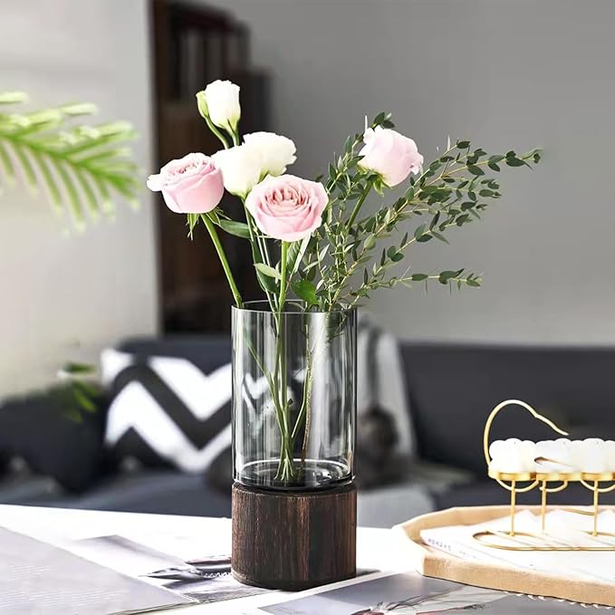 10" Tall Wood Glass Vase, Wooden Base Cylindrical Flower Vase, Classic Boho Rustic Style for Table, Fireplace, Kitchen, Bedroom, Living Room, Centerpieces Office Desk