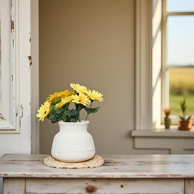 Rustic Farmhouse Ceramic Vase Home Decor,Handmade Vintage Stoneware Clay Pottery Terracotta Textured for Modern Farmhouse, Living Room, Office Desk Table Shelf(Beige White) 6IN