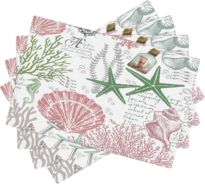 Summer Ocean Placemats Set of 4,Nautical Coastal Pink Green Starfish Seashell Coral Theme Linen Table Mats for Home Kitchen Dining Party Decor 4 PCS