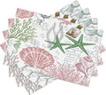 Summer Ocean Placemats Set of 4,Nautical Coastal Pink Green Starfish Seashell Coral Theme Linen Table Mats for Home Kitchen Dining Party Decor 4 PCS
