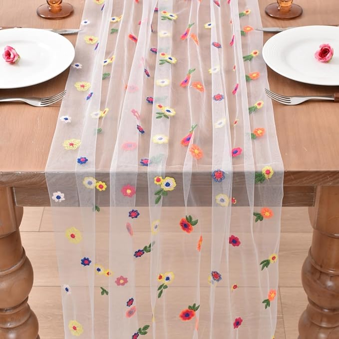 Joanlody 3pcs Ivory Embroidery Daisy Christmas Table Runner 10ft Florals Seasonal Tulle Table Runner Holiday Kitchen Dining Table Decoration for Home Party Indoor
