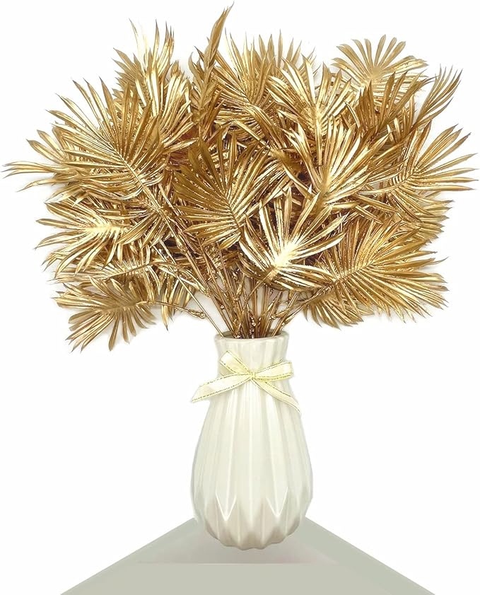 Fake Plants Christmas Decorations Gold Bouquet, PASYOU Artificial Flowers Plastic Shrubs Grass Leaves Indoor Outdoor Home Garden Party Hotel Verandah Wedding Event Faux DIY Table Decor - Golden 2 Pack