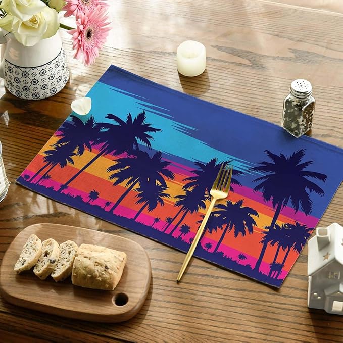 Placemats Set of 4 Palm Tree Orange Sunset Place Mats Washable Table Dinner Mats Linen Table Mats for Kitchen Dining Party Home Kitchen Decor 12x18 Inch