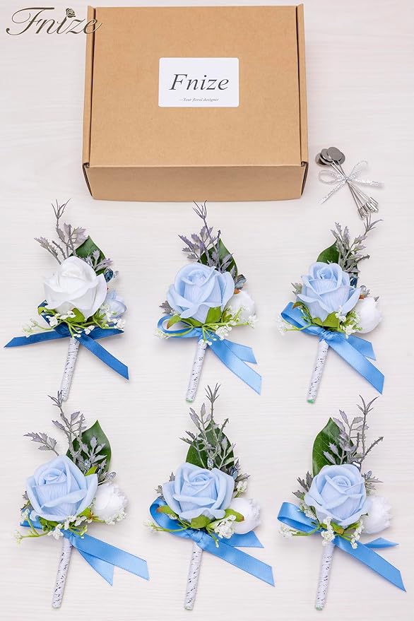 Fnize Blue Boutonniere for Men, 6 Pcs Groom Groomsmen Boutonnieres, Artificial Flowers for Wedding Prom Homecoming
