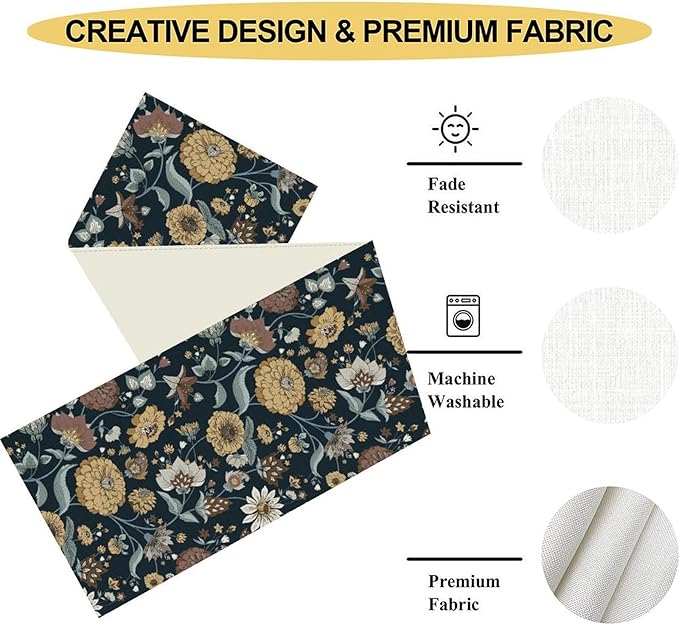Boho Floral Table Runner, Vintage Traditional Farmhouse Boho Floral Linen Coffee Table Center Decor for Family Kitchen Farmhouse Holiday Party Table Decorations Indoor Outdoor 13x72 inch