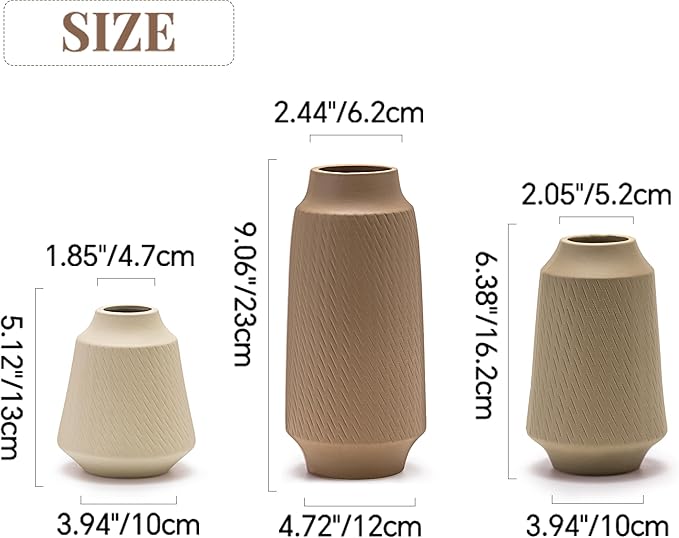 Ceramic Vase Set of 3, Modern Multicolor Pattern Flower Vases for Home Decor, Office, Centerpieces, Boho Farmhouse Style (Khaki/Brown/Beige)