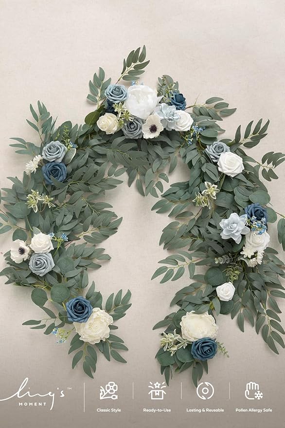 Ling's moment Flower Garland - 6FT Eucalyptus & Rose - Sweetheart Table Decor for Wedding Reception, Artificial Arch Floral Garland for Mantle, Christmas, Beach Decoration, Dusty Blue & White