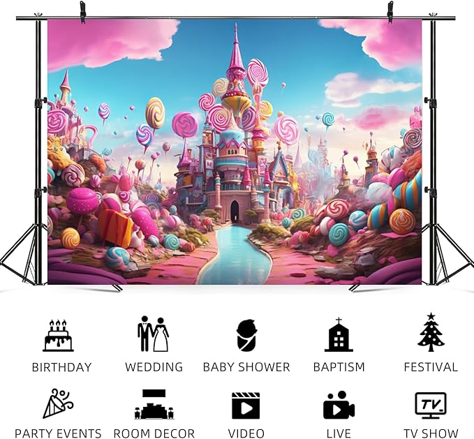 10x5ft Candyland Backdrop Sweet Candy Castle Photography Background Colorful Lollipop Blue River Cartoon Kids Birthday Banner Decorations Baby Shower Newborn Portrait Photo Booth Prop
