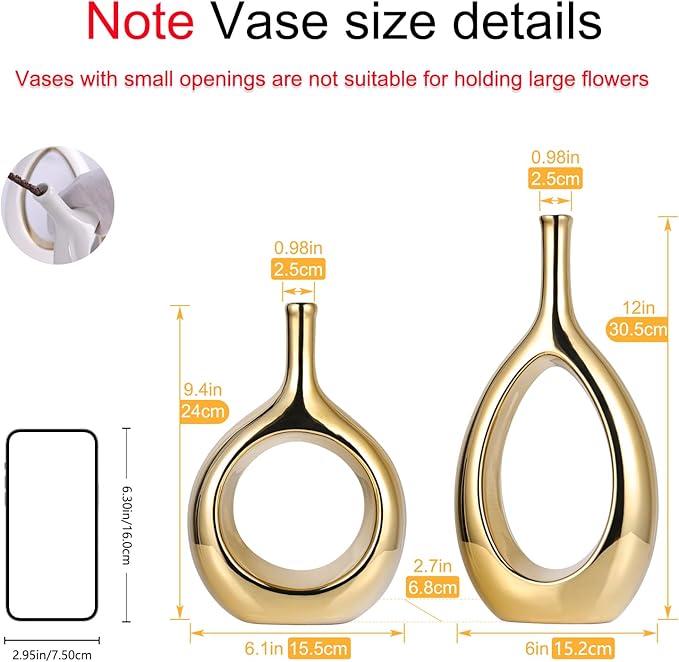 Glossy Gold Vase Ceramic Gold Vases Home Decor,Modern Minimalist Circle with Hole Decorative Vase, Hollow Ellipse Flower vases for Bookshelf, Fireplace Mantle, Centerpieces,Farmhouse,Rustic Décor