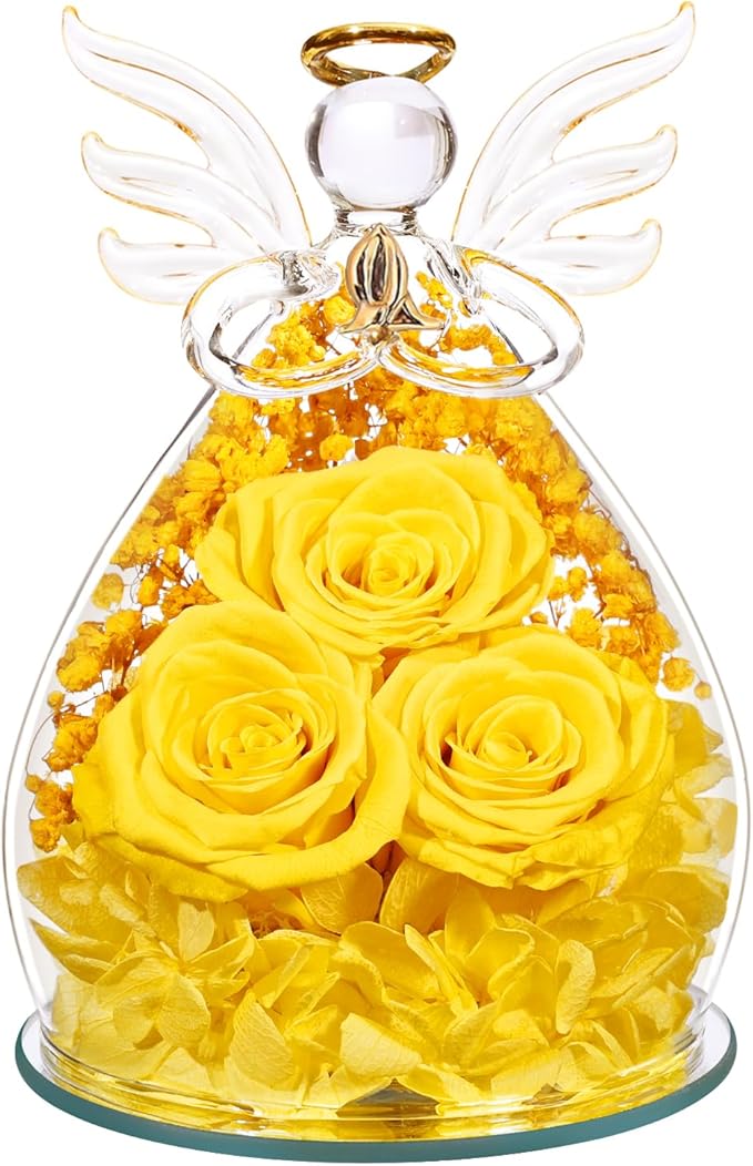 Beferr Christmas Birthday Gifts for Women, Mom Gifts for Christmas Fresh Flowers for Delivery Prime Forever Preserved Rose in Glass Angel Figurine Xmas Gifts for Grandma Wife Sister Her, Yellow