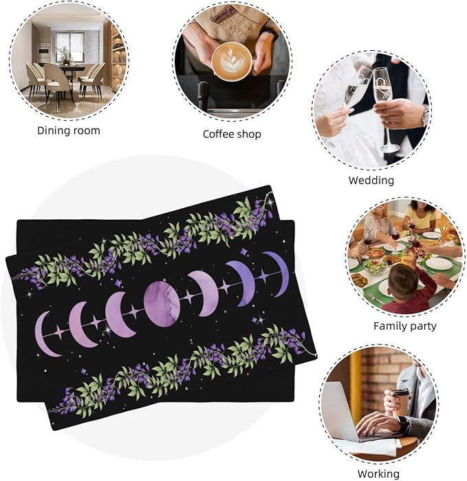 Boho Moon Flowers Placemats Set of 6,Natural Plant Moon Phase Moonlight Kitchen Party Event Table Decor,12x18 Inch,Purple 6 PCS, Style-11