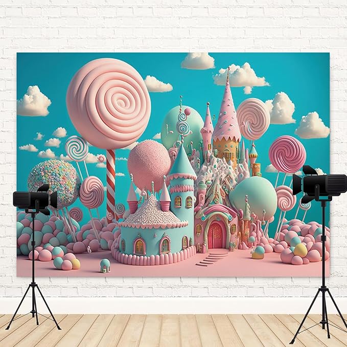 12x8ft Candyland Backdrop Sweet Candy Castle Photography Background Fantasy Lollipop Blue Sky White Cloud Cartoon Kids Birthday Banner Decorations Baby Shower Portrait Photo Booth Prop