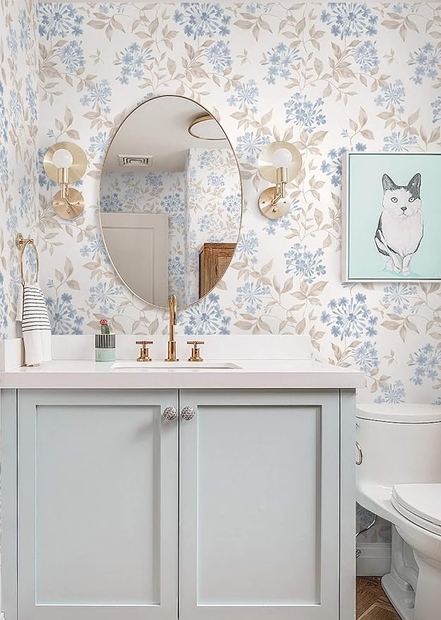 Heroad 17.3''x32.8ft Boho Floral Wallpaper Blue/Beige Peel and Stick Wallpaper Neutral Leaf Contact Paper Removable Self Adhesive Wall Paper for Cabinet Bedroom Bathroom Waterproof Decor Vinyl Roll
