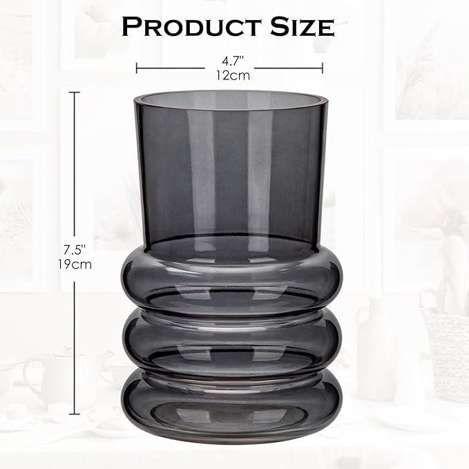 Grey Large Glass Vase for Flowers, 7" H x 4.7" W Flower Vases Decorative Wide Mouth Vase Vintage Glass Vases for Centerpieces Mantel Shelf Table Home Decor