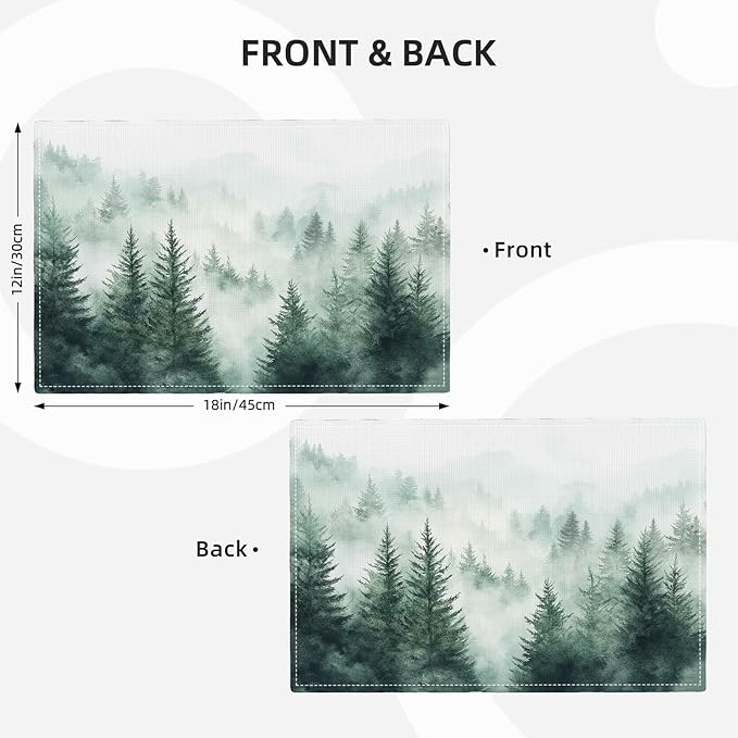 Misty Forest Placemats Set of 6, Green Tree Landscape Place Mats, Rustic Mountain Dining Table Mats, Washable Placemats for Kitchen Dining Room 18L'' × 12W''