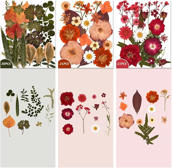 9 Packs of 200 Pressed Dried Flowers and Leaves Real Natural Dried Flowers with Tweezers for DIY Crafts, Resin Jewelry, Card Making, Soap, Candles, Nail Art, and Scrapbooking (9 Colors)