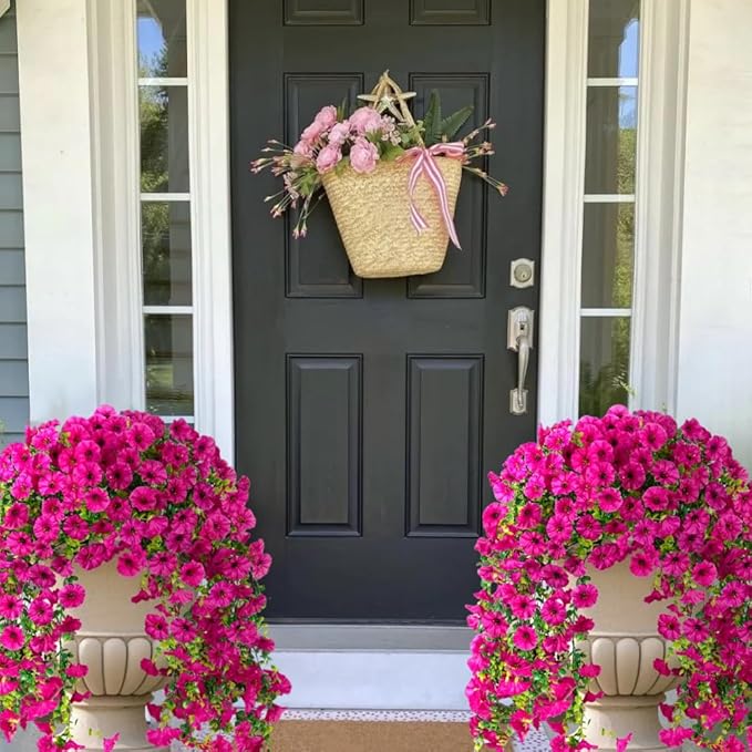 4PCS Artificial Hanging Flowers for Outdoor Decor UV Resistant Fake Morning Glory Realistic Silk Spring Summer Hanging Plants for Porch Patio Balcony Yard (Fuchsia)