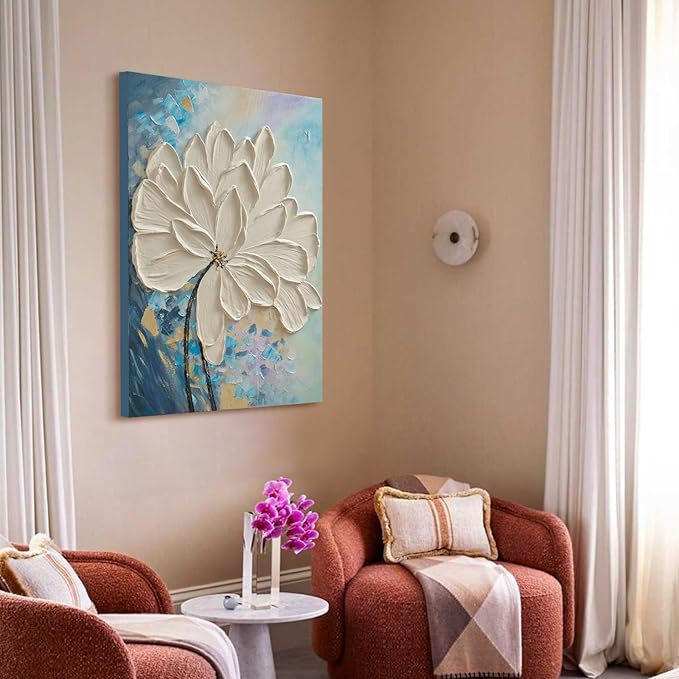JUHOME Hand-Painted White Floral Canvas Wall Art, 24x36 In Textured Abstract Oil Painting, Vertical Modern Artwork for Living Room, Bedroom, Corridor, Office Decoration