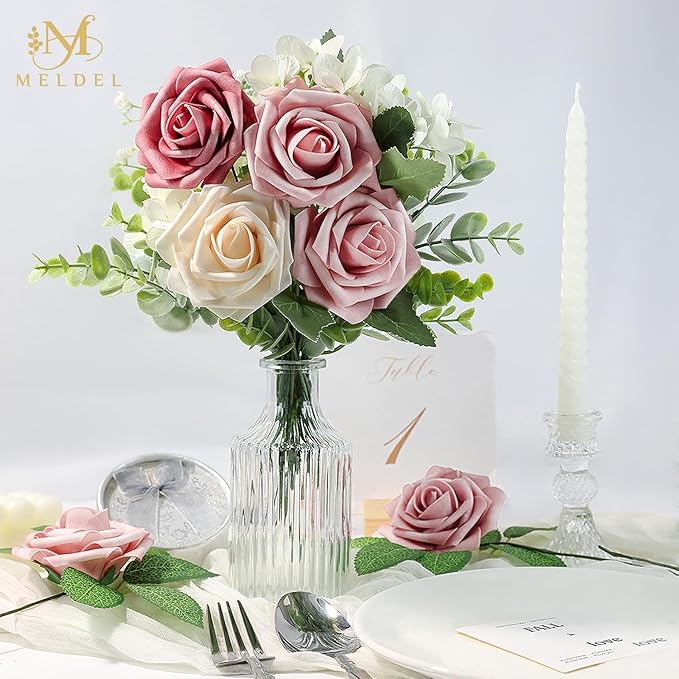 Meldel Artificial Flower 25pcs Real Touch Blush Pink Rose Fake Foam Roses with Stems for DIY Wedding Bouquets Gifts Bridal Shower Faux Floral Centerpieces Arrangements Home Party Tables Decorations