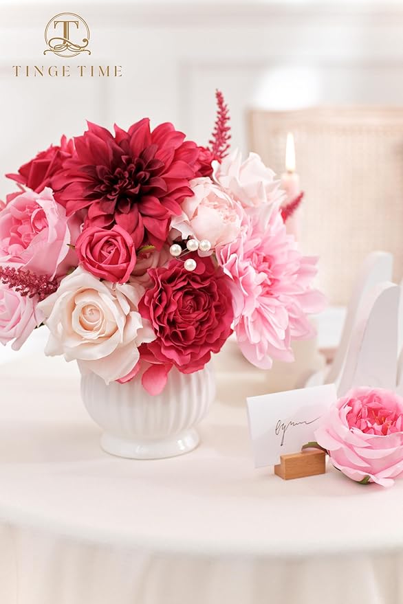 TINGE TIME Artificial Flowers Deep Hot Pink Flower Combo for DIY Wedding Bouquets Table Centerpieces Arrangements Party Baby Shower Home Decoration Valentine's Day