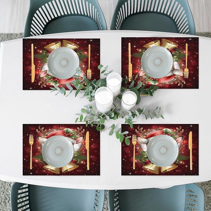 Christmas Xmas Bells Deer Placemats Set of 4 PVC Vinyl Non Slip Table Mats Heat Resistant Place Mats Washable Wipeable Dining Table Mat for Kitchen Decor Party Indoor Outdoor Decorative Gift