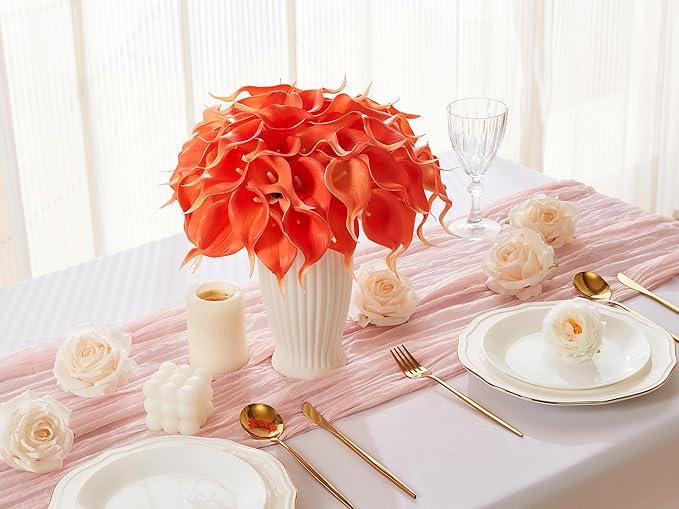 24 Pcs Artificial Calla Lily Flowers Fake Silk Flowers Real Touch for Wedding Bouquet Office Home Kitchen Decor (Coral)