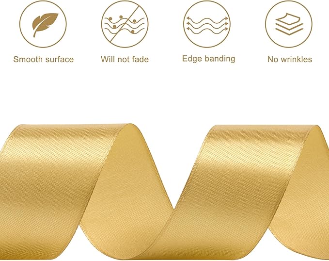 1-1/2 Inches 50 Yards Champaign Gold Satin Ribbon, Solid Fabric Ribbon Roll for Flower Bouquets, Gift Wrapping, Wedding, Handmade Crafts