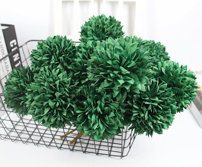 Tinsow 12 Pcs Green Artificial Flowers Faux Ball Chrysanthemum Flowers for St. Patrick's Day Christmas Home Decoration (12, Blackish Green)