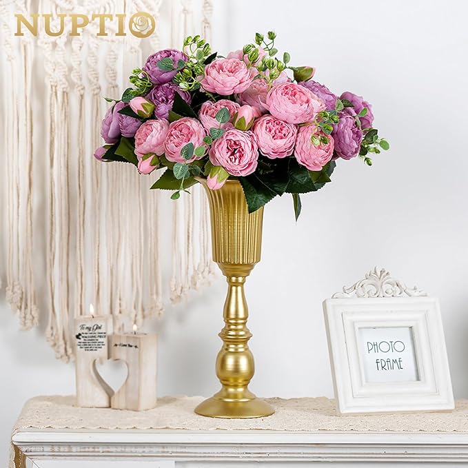 Nuptio Pcs of 2 Metal Trumpet Vase Elegant Wedding Centerpieces Vase for Party Decoration, 31.9cm/12.56" Tall Artificial Flower Arrangements for Anniversary Ceremony Gold