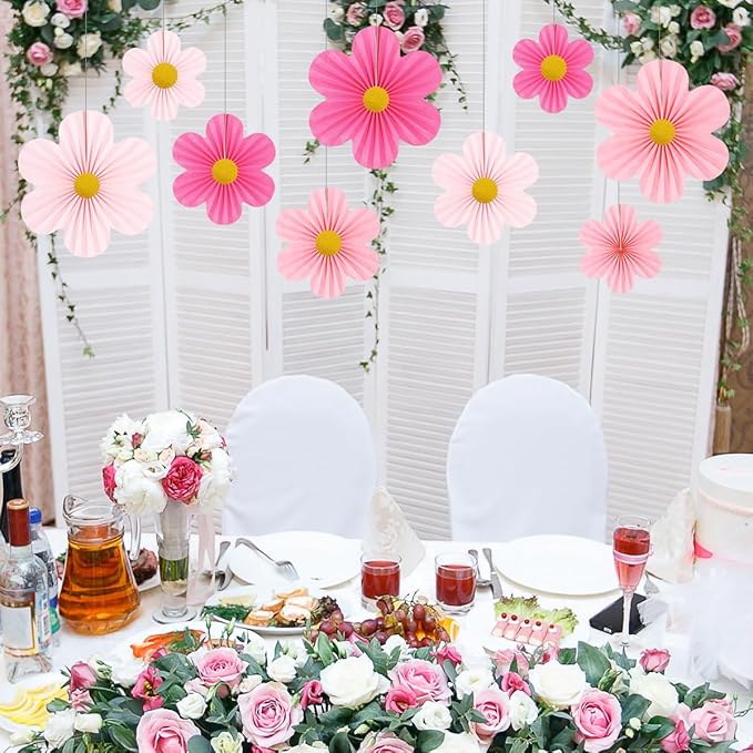 Pink Party Decorations Paper Flowers Decorations for Wall Classroom Paper Fans Floral Backdrop Flower Wall Decor Pack of 9 Pink