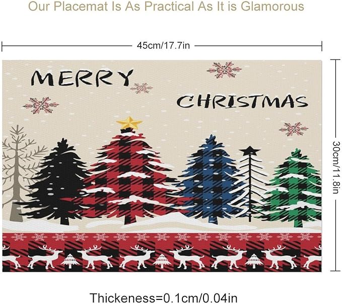 Christmas Placemats Rustic Farmhouse Red Buffalo Plaid Elk Christmas Tree Winter Snowflake Placemats Table Kitchen Dining Party 12x18 Inch Set of 6