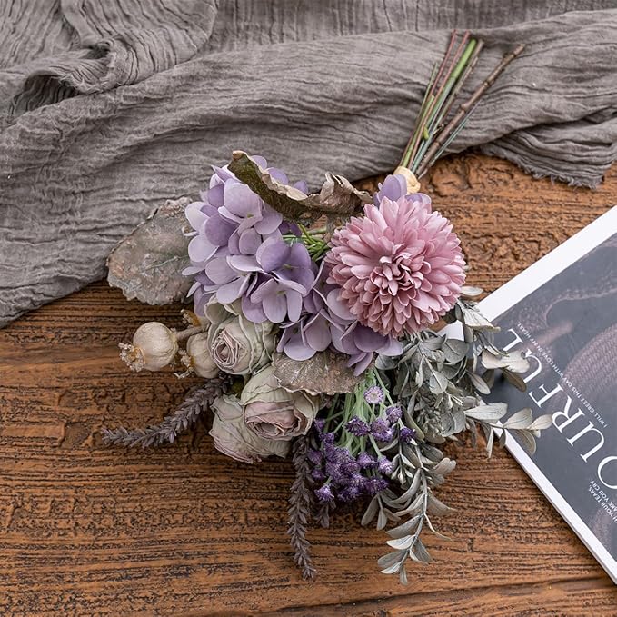 13-inch Small Artificial Fake Flowers for Table Arrangements, Silk Faux Bouquets with Three Roasted Edge Roses, Hydrangeas, Globeflower, babysbreaths, Ideal for The Kitchen or Bedroom.