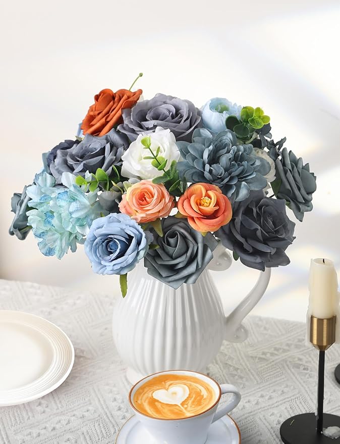 Dusty Blue White Orange Artificial Flowers Combo for DIY Centerpieces Arrangements Wedding Bridal Bouquet Table Chair Decor Candle Holder Baby Shower Cake Decor Flower Strips Home Décor