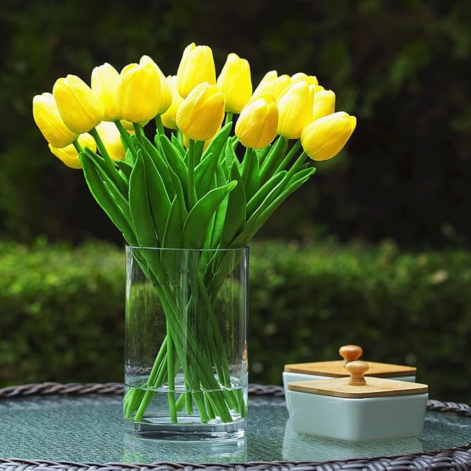 ENOVA FLORAL 20 Pieces Yellow Real Touch Tulips Artificial Flowers in Vase, Fake Tulips Arrangements with Vase and Faux Water for Home Wedding Decoration, Dining Table (Yellow)