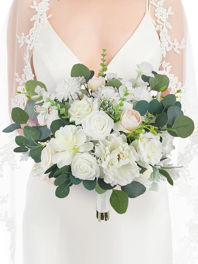 Rinlong 16.5 Inch Wedding Bouquets for Bride White Sage Green Bridal Bouquet for Wedding Silk Real Touch Artificial Flowers