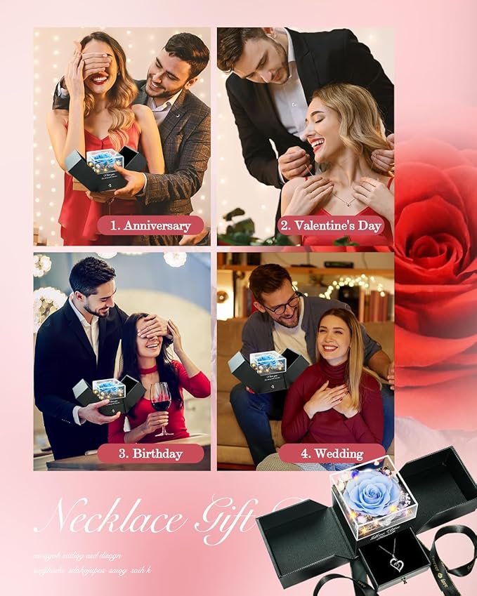 Birthday Gifts for Women, Preserved Real Roses with Heart Necklace I Love You in 100 Languages, Anniversary Wedding Gifts for Women Her Girlfriend Wife, Forever Roses Necklace Gift Box SkyBlue
