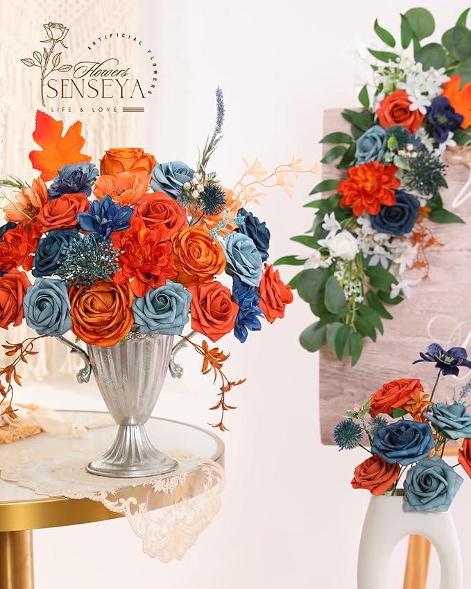 Senseya Artificial Flowers Combo, Teal Orange Silk Roses, Peonies, Dahlias with Stems for DIY Wedding Bouquets, Baby Shower, Table Centerpieces, Home Decor, Fake Floral Arrangements, Party Decorations