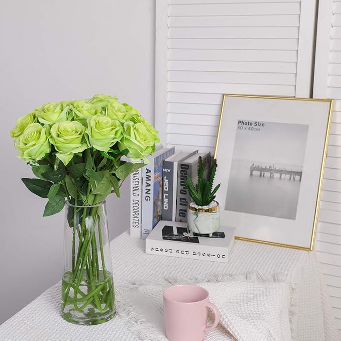 Nubry Artificial Silk Rose Flower Bouquet Lifelike Fake Rose for Wedding Home Party Decoration Event Gift 10pcs (Green)