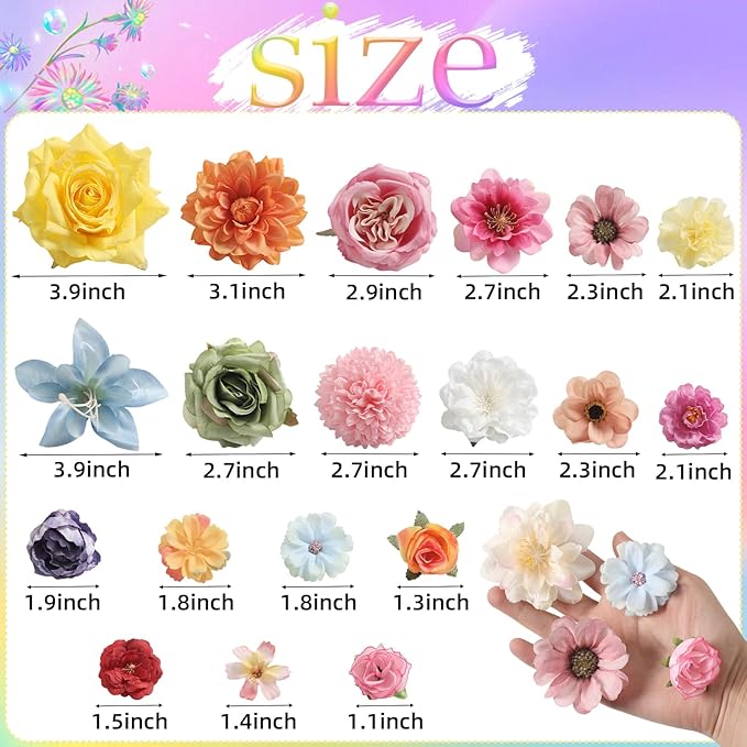 Fake Flower Heads for Crafts - Multi Silk Artificial Roses, Peonies, Daisies & Mini Floral Heads Bulk (48-Pack) for Wedding Decor, Graduation Cap, Cake Topper, Baby Shower, Home Decoration
