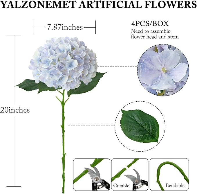 YalzoneMet 4Pcs Light Purple Silk Hydrangea Artificial Flower Lifelike Big Blooms 20'' Long Stem Faux Hydrangea Flower Bouquets for Home Party Indoor Outdoor Wedding Table Centerpiece Decor
