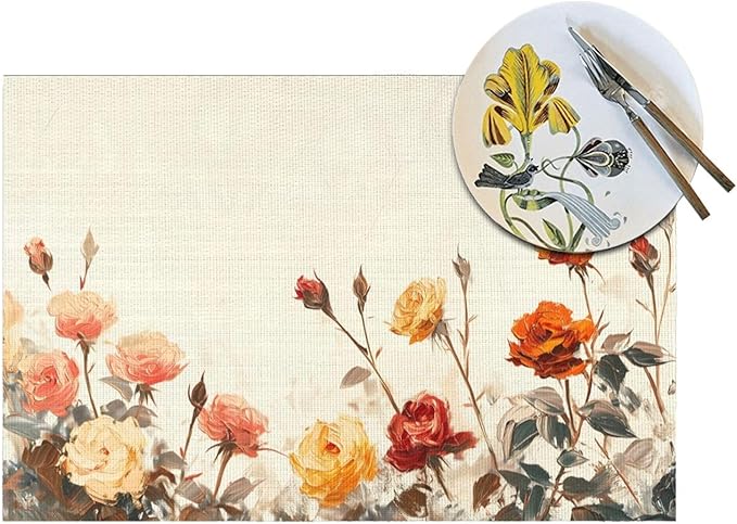 Placemats Set of 4 PVC Woven Place Mats Heat Resistant Easy to Clean for Indoor Outdoor Party Kitchen Dining Table Decoration 12"x18",Vintage Rose Pattern