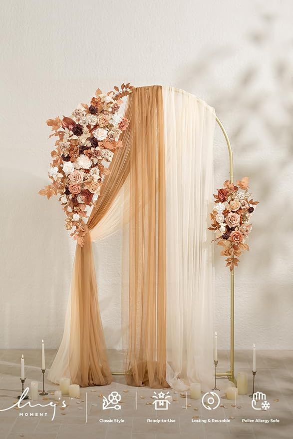 Ling's moment Wedding Arch Backdrop Stand with Flowers - 7.2FT Metal Arch Frame with Drapes for Ceremony Decor - Artificial Floral Birthday Party, Bridal Shower, Indoor Outdoor Arbor, Rust Boho